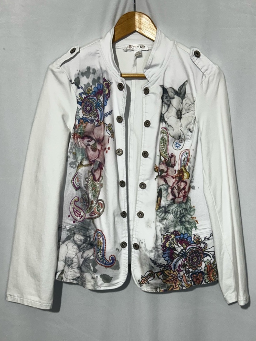 Renuar Floral Print Military Style Jacket - White - Cotton Blend - size Lrg
